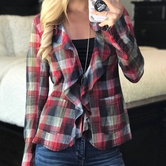 Free People Plaid Ruffle Top with long sleeves - Picture 2 of 5
